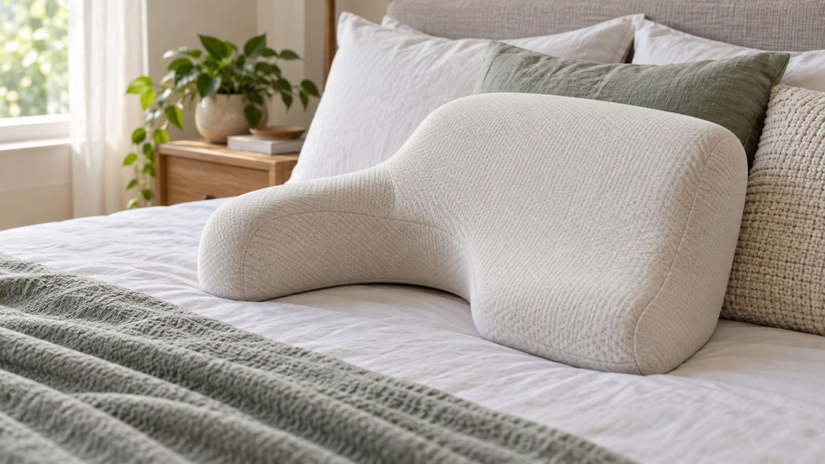 Contoured memory foam cuddle arm pillow on a neatly made bed