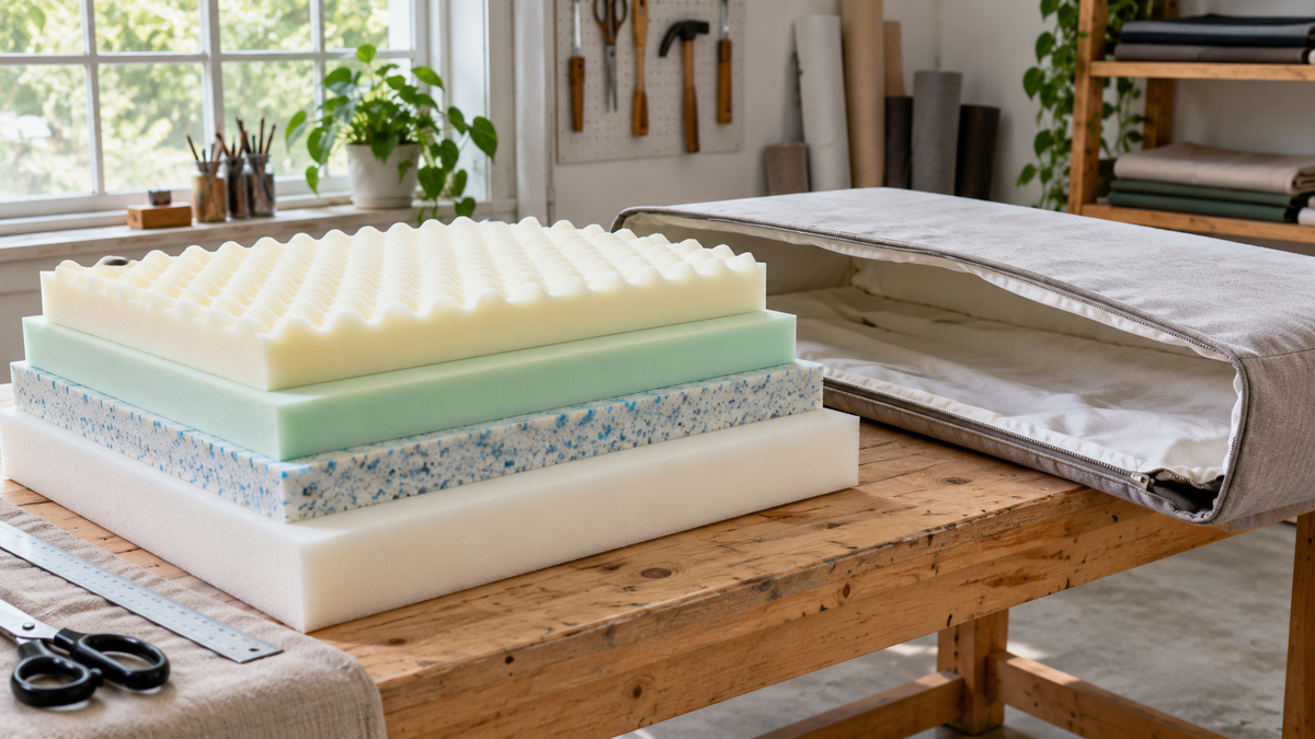 Layered memory foam cushion inserts prepared for a bench cushion