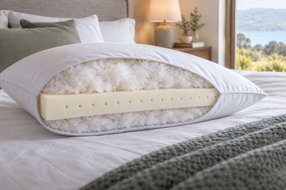 memory foam and down pillow shown in a clean practical setting for comparison