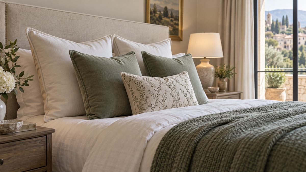 Square European memory foam pillows styled against a neutral upholstered headboard