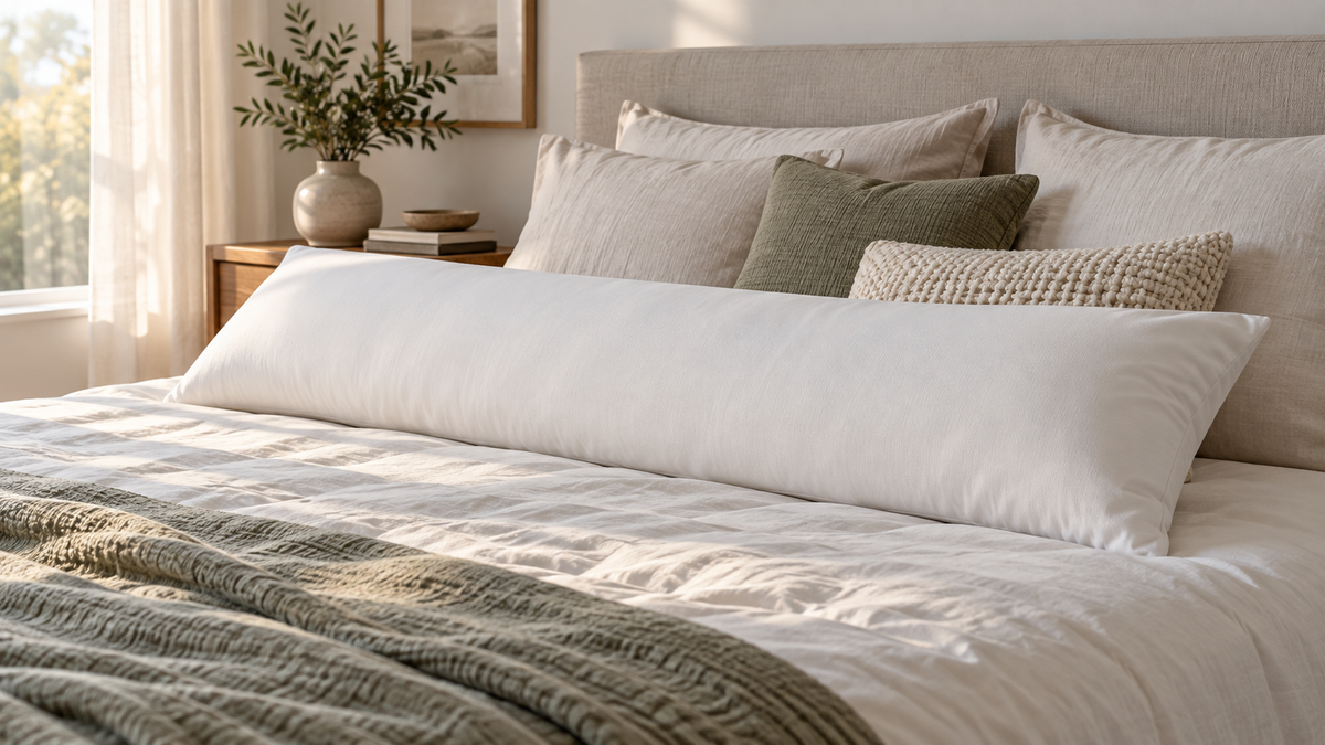 Unbranded full-length memory foam body pillow arranged on a spacious neutral bed