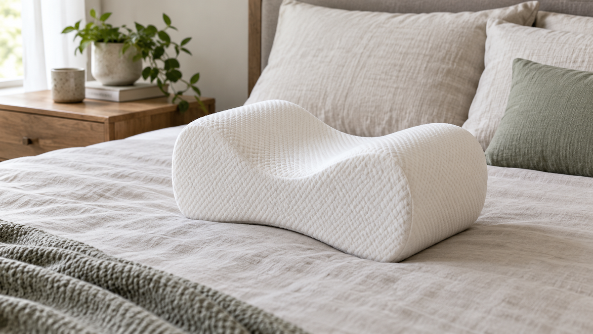 Unbranded contoured memory foam positioning pillow on a neutral bed