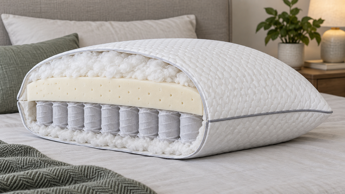 Cutaway view of an unbranded memory foam hybrid pillow showing layered construction