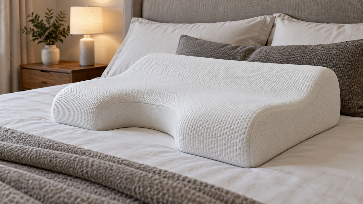 Unbranded memory foam pillow with a clearly visible arm opening on a neutral bed