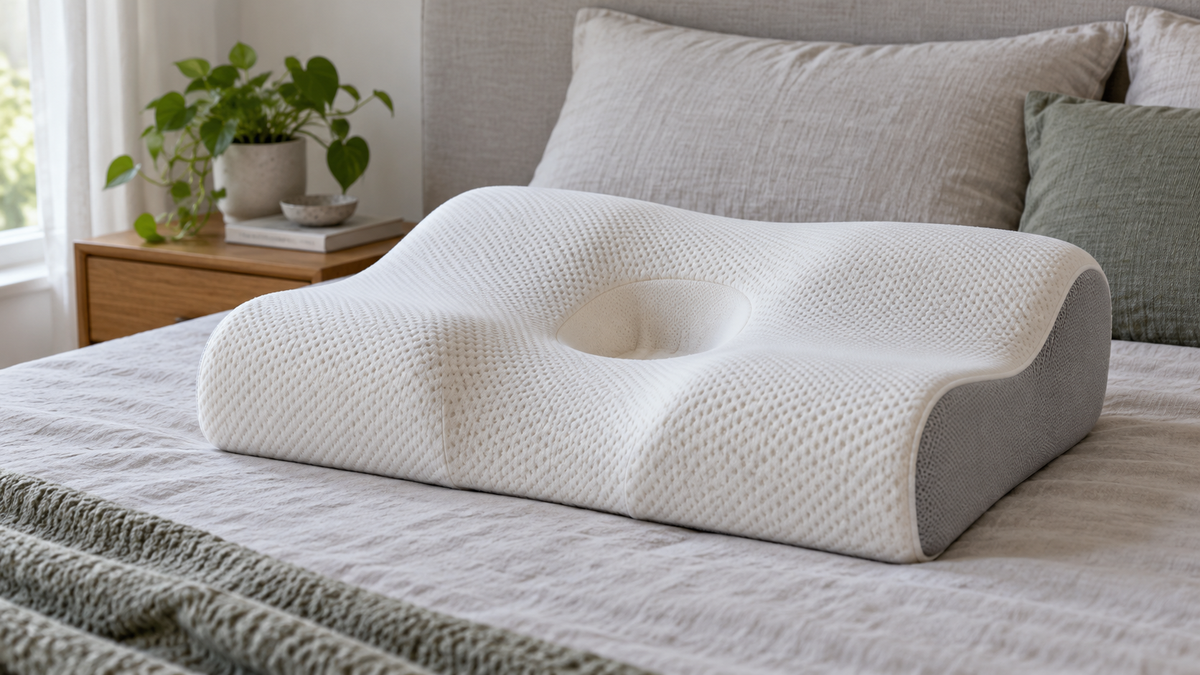 Unbranded contoured memory foam pillow with a central ear recess on a neutral bed