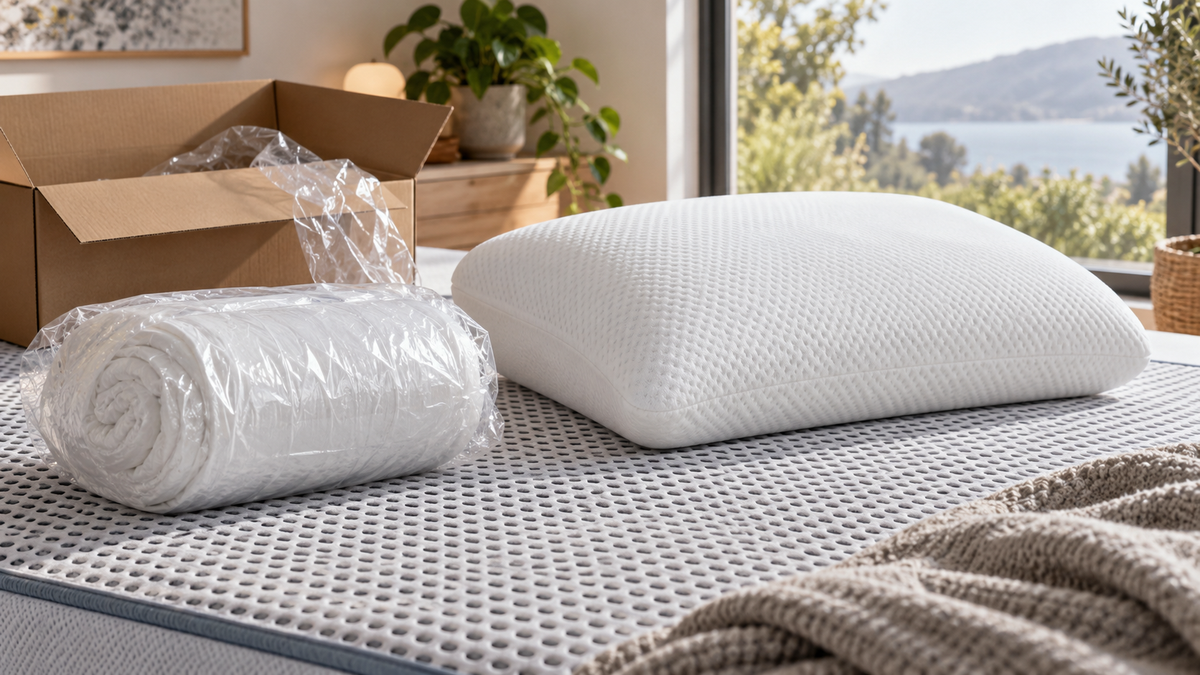 Compressed memory foam pillow gradually expanding on a ventilated surface