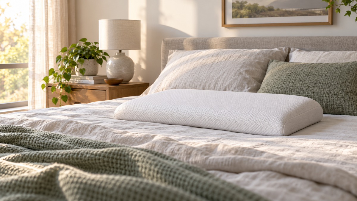 Unbranded low-profile memory foam pillow arranged for a front-sleeping position on a neutral bed