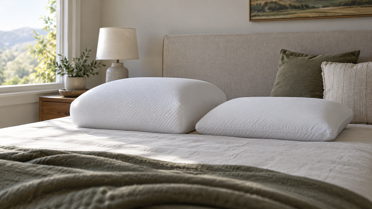 High loft memory foam pillow beside a lower pillow on a neutral bed