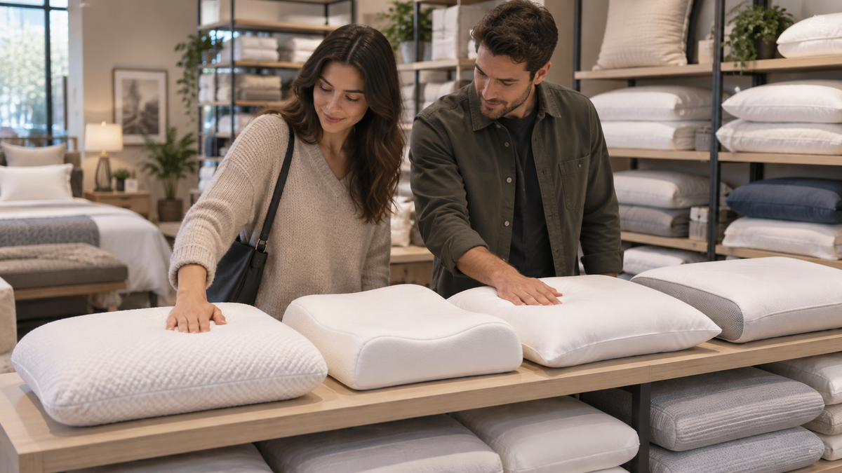 Unbranded memory foam pillows being compared on a clean local bedding store display