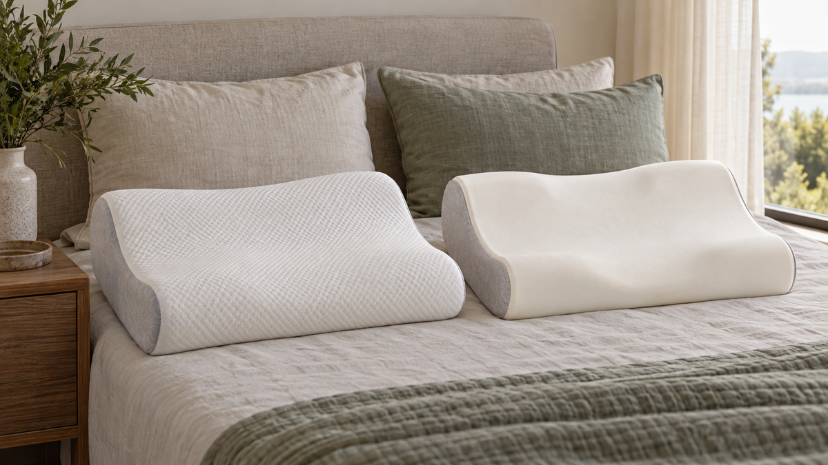 Contoured memory foam pillow shown from both usable sides on a bed