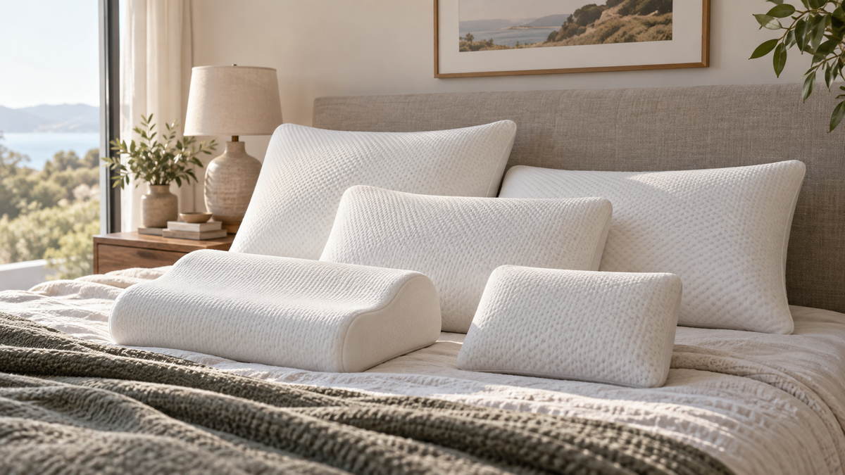 Several unbranded memory foam pillows in different sizes arranged on a bed
