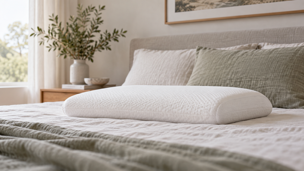 Low profile memory foam pillow arranged on a neatly made bed for stomach sleeping comfort