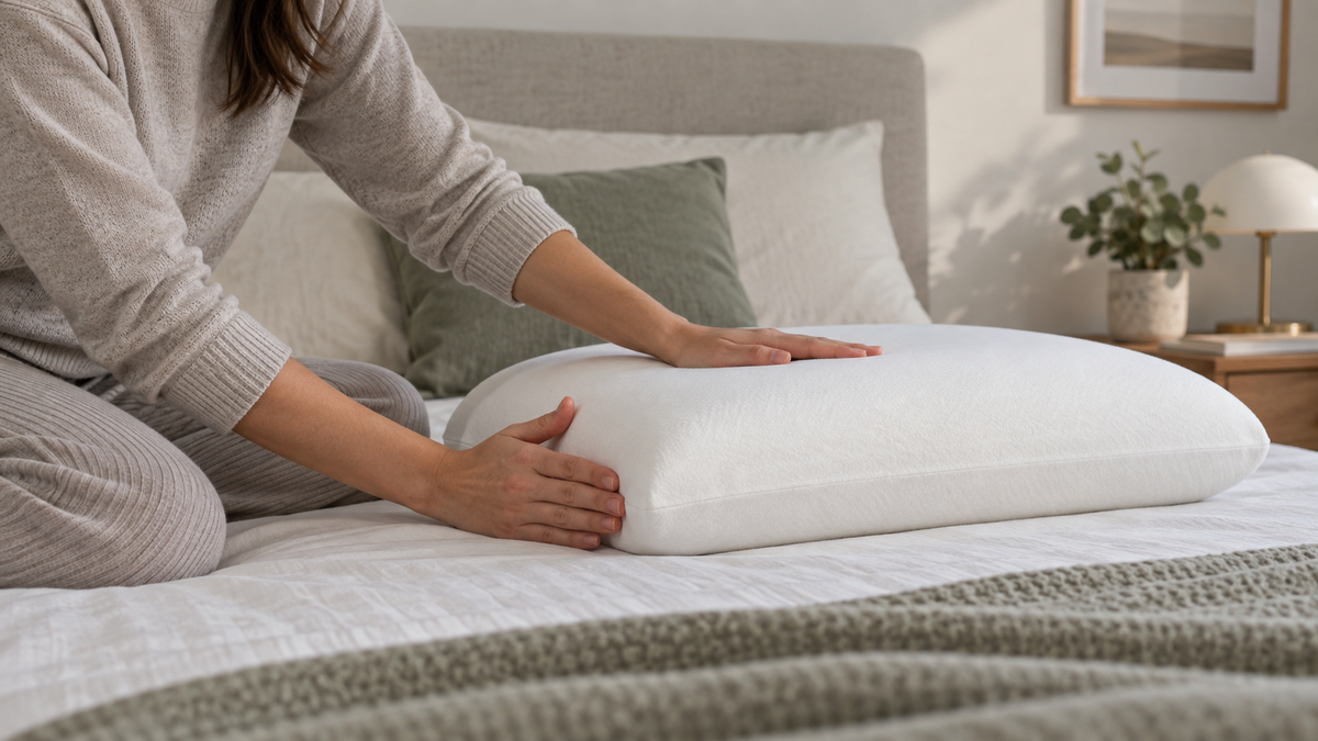 Person assessing the comfort and height of a plain memory foam pillow