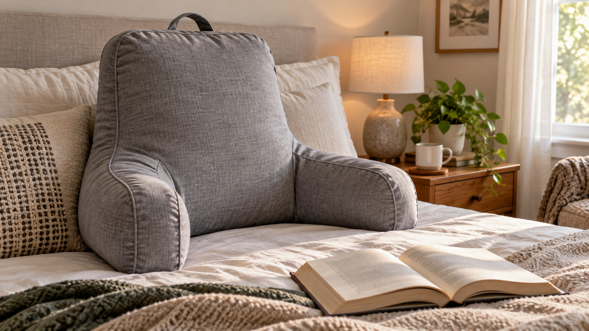 Memory foam reading pillow with supportive back and arms on a neutral bed