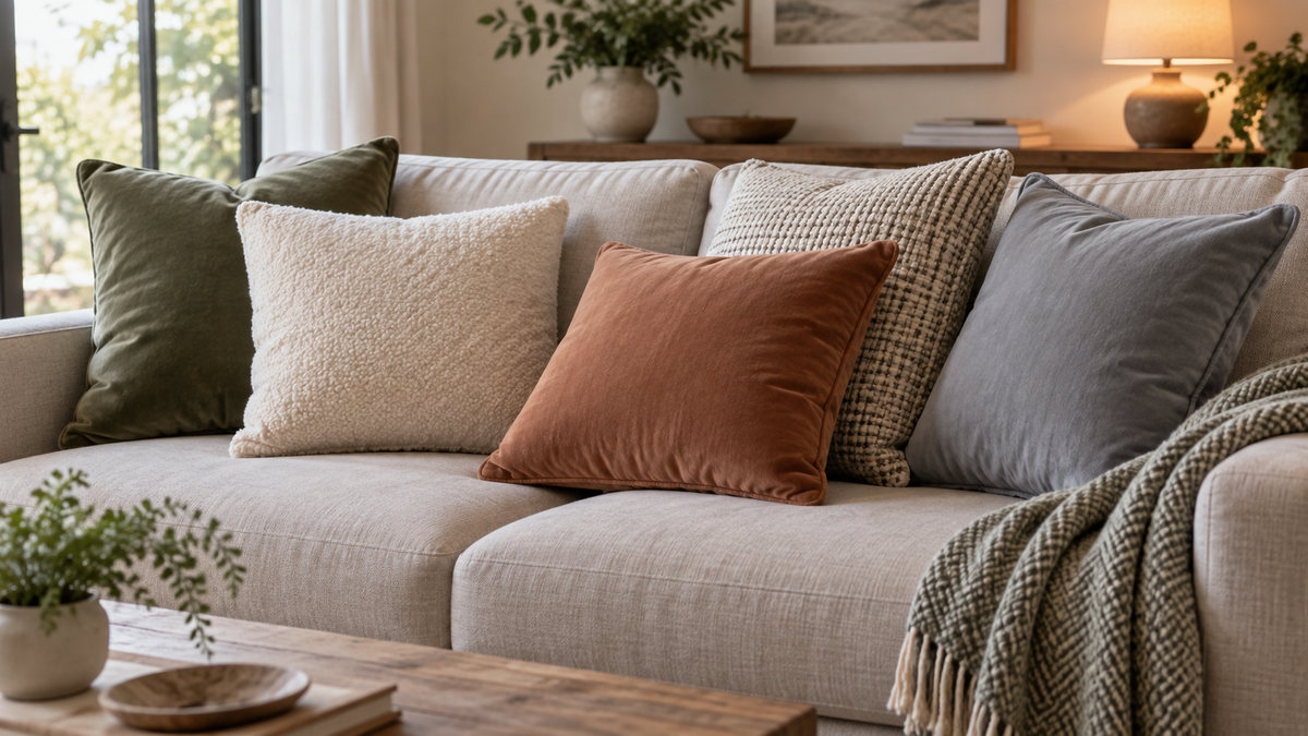 Memory foam scatter cushions arranged on a neutral sofa