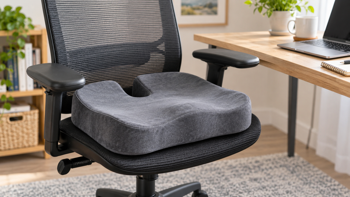 Contoured memory foam seat cushion on an office chair