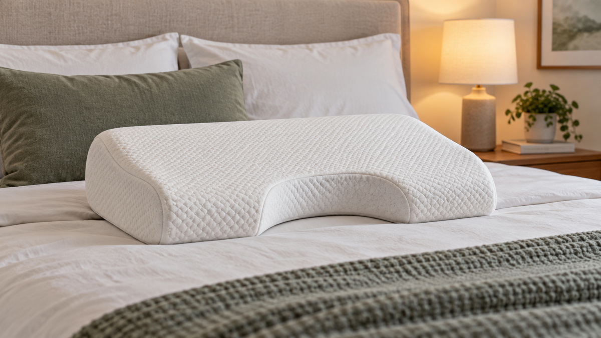 Memory foam shoulder pillow with a supportive cutout on a bed