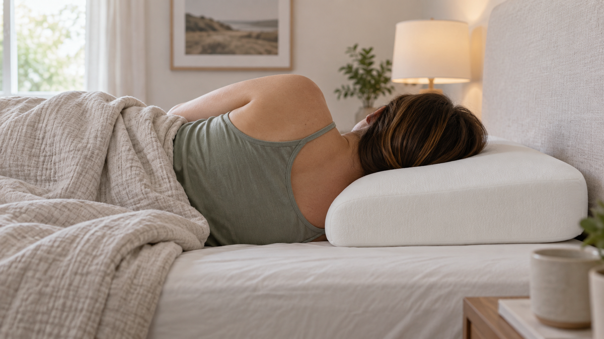 Side sleeper testing the loft of a plain memory foam pillow