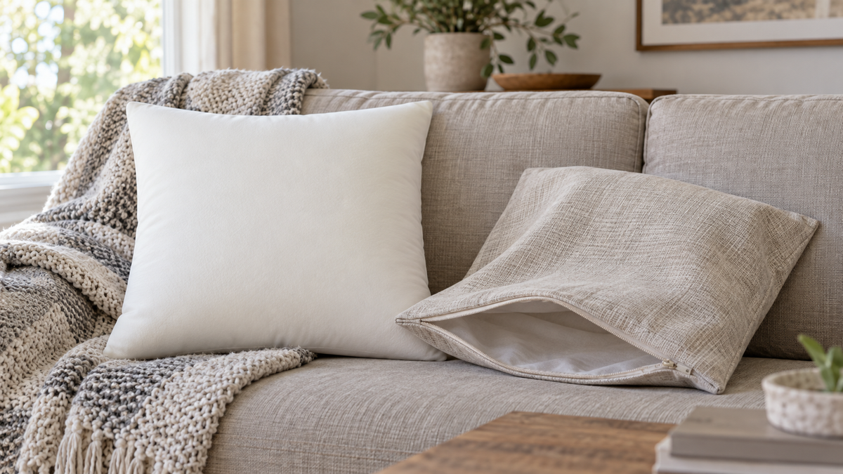 Unbranded memory foam throw pillow insert beside a neutral removable decorative cover