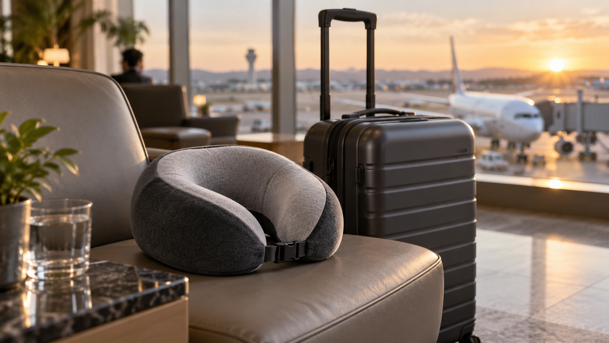 Compact memory foam travel pillow beside an unbranded carry-on bag