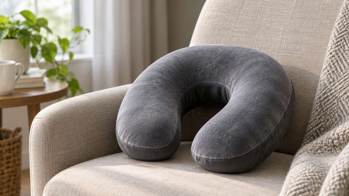 Unbranded U shaped memory foam travel pillow on a neutral chair