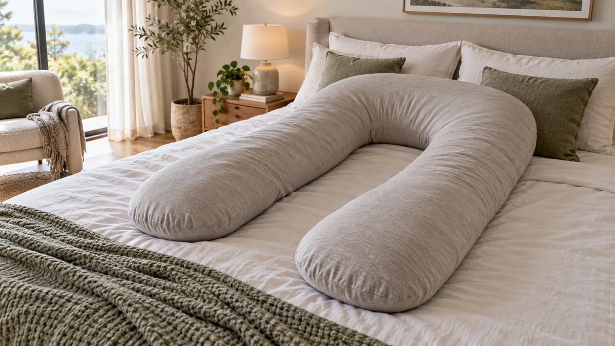 U-shaped memory foam body pillow with removable cover arranged on a neutral bed