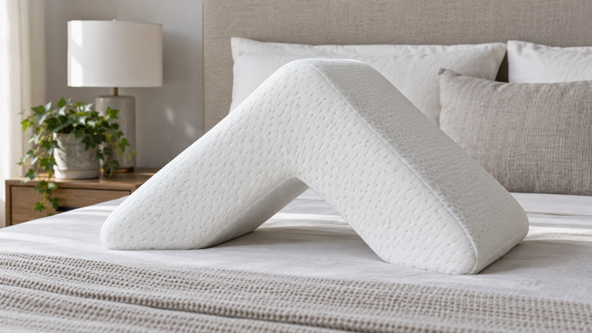 Unbranded firm V-shaped memory foam pillow arranged on a neutral bed