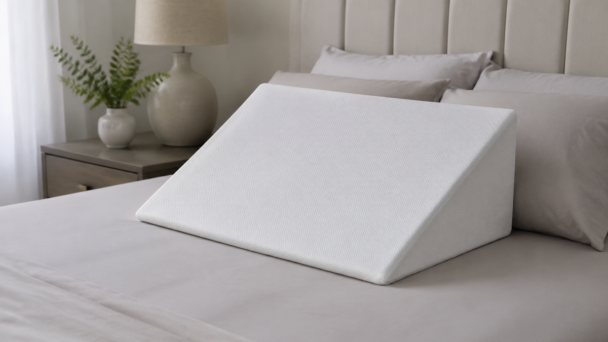 Unbranded memory foam wedge pillow arranged on a neutral bed