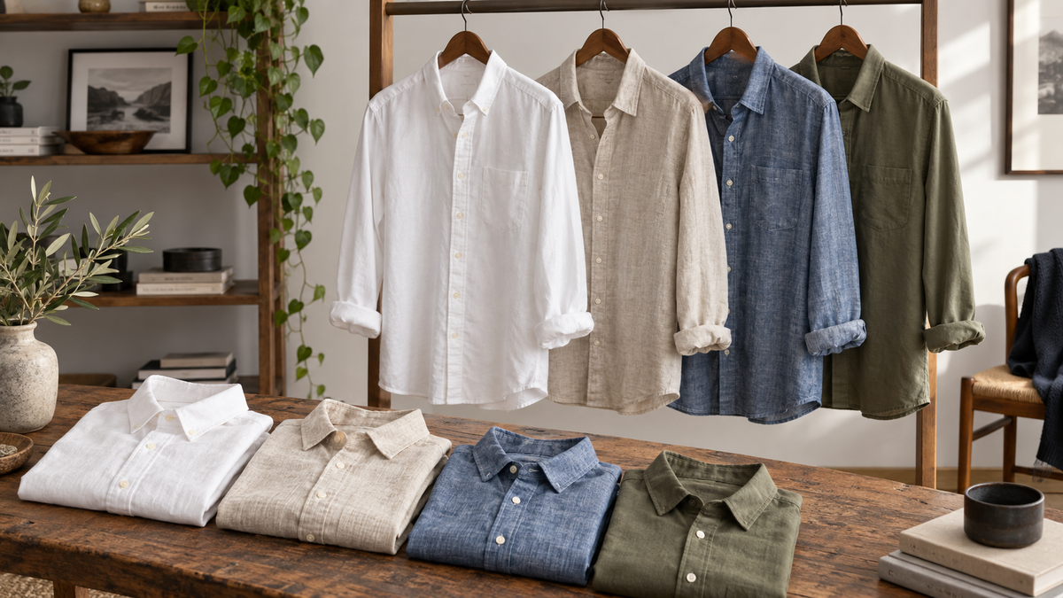 Men's casual shirts in versatile fabrics and colors arranged in a wardrobe