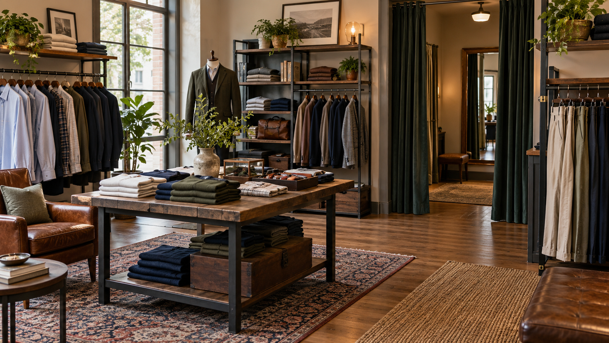 Well-organized unbranded menswear store interior with shirts jackets and trousers