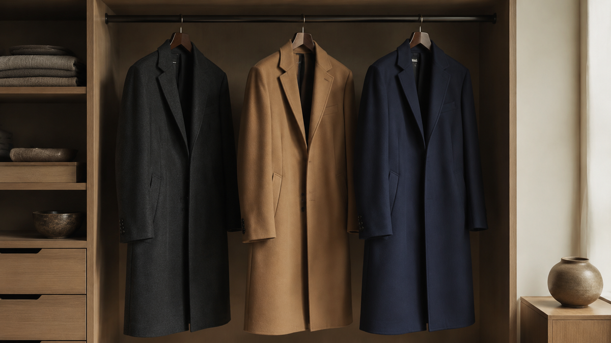 Charcoal camel and navy mens coats displayed in a classic wardrobe