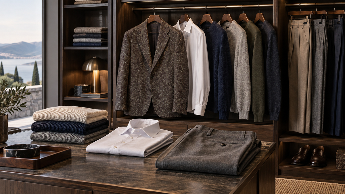Premium unbranded menswear displayed to highlight tailoring fabrics and construction