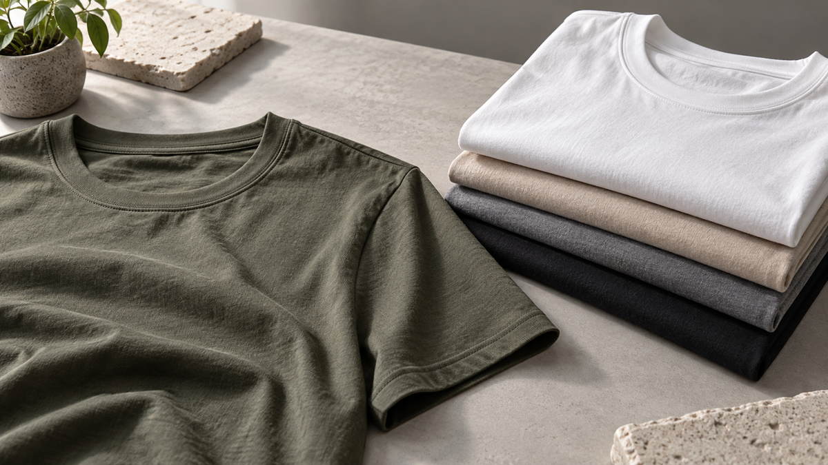 Unbranded men's T-shirts showing fabric texture, collars and clean construction