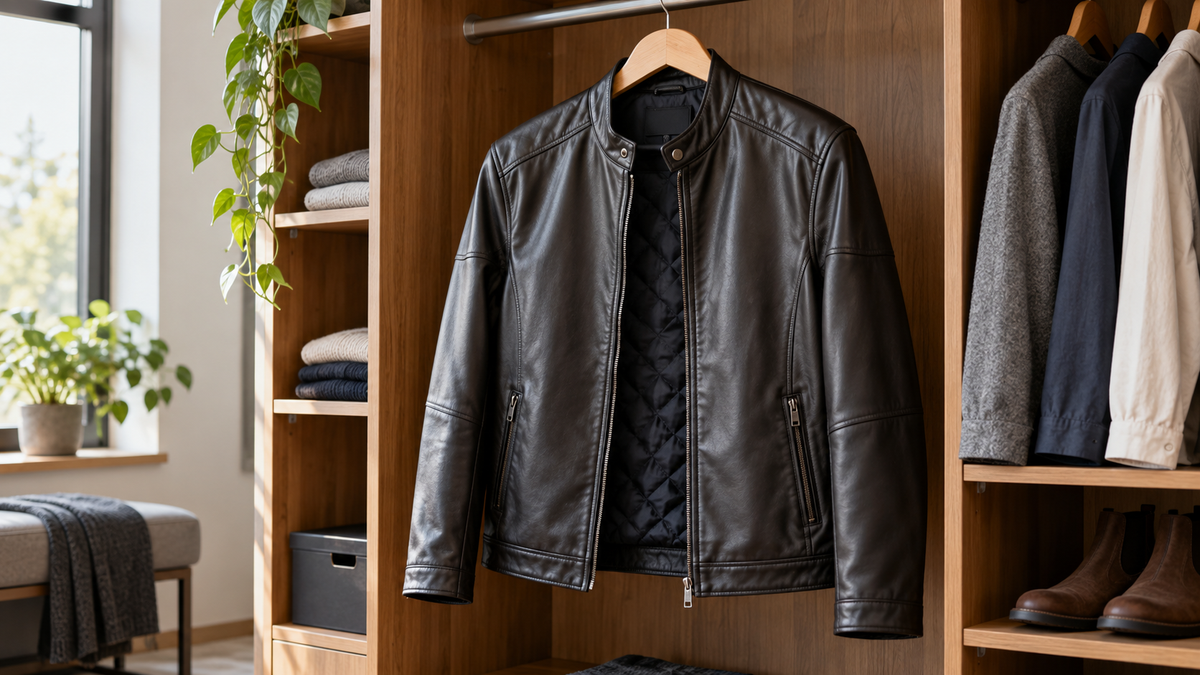 Mens dark faux leather jacket hanging against a clean industrial style wall