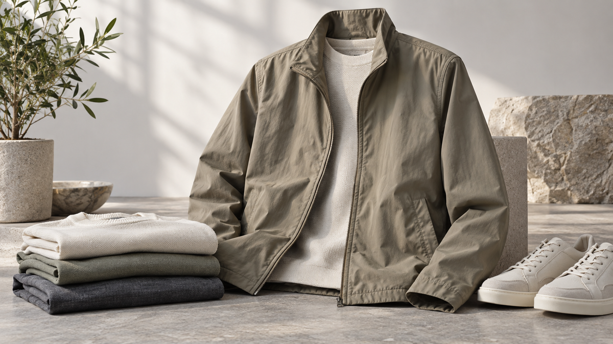 Unbranded lightweight men's jacket styled with breathable neutral layers