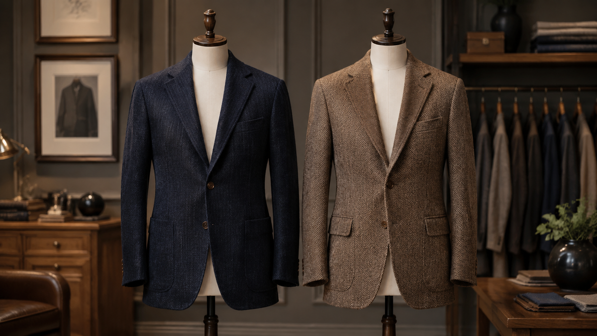 Two tailored men's sport coats on torso forms in a fitting studio