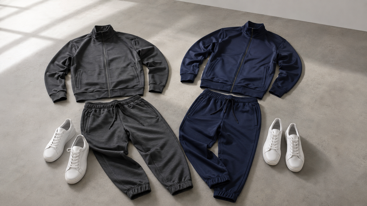 Charcoal and navy mens tracksuits arranged with simple white sneakers