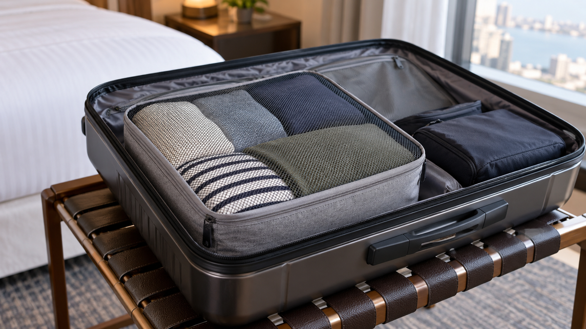 Gray mesh packing cube holding folded clothing inside an open suitcase