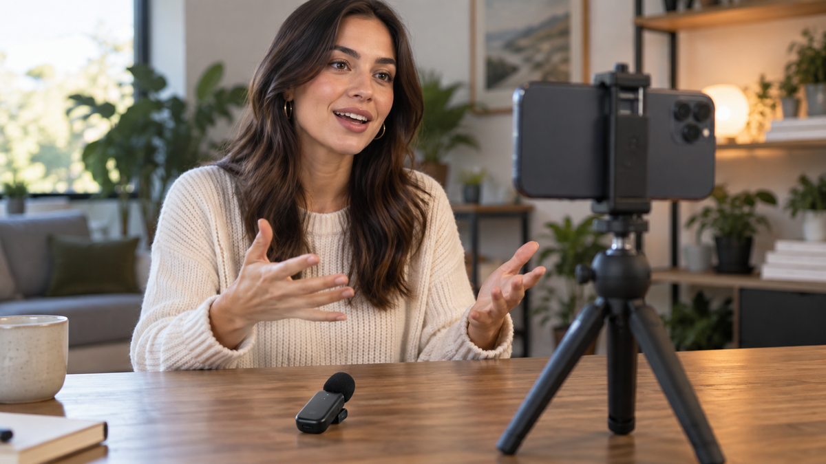 Unbranded Bluetooth microphone beside a smartphone video recording setup