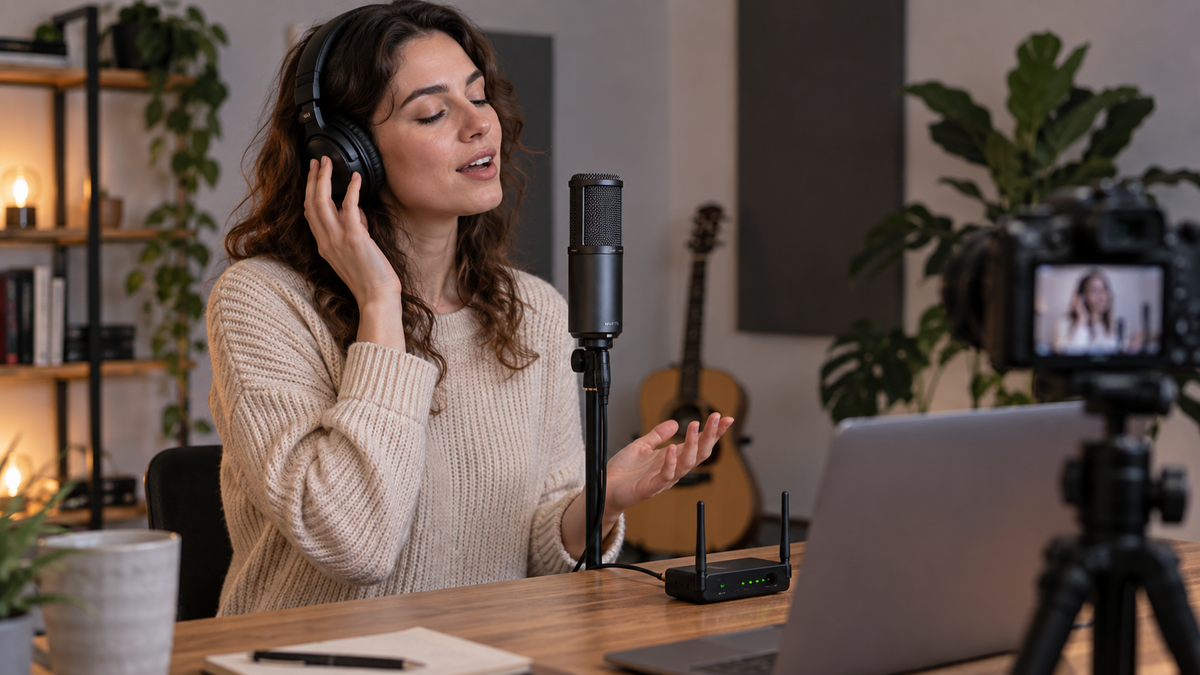 Unbranded wireless condenser microphone with receiver in a small recording space