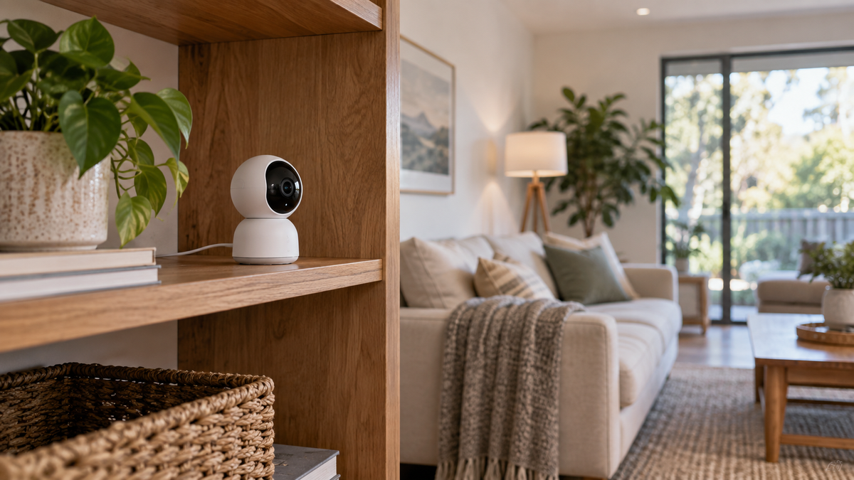 Tiny unbranded wireless CCTV camera installed visibly on an indoor shelf