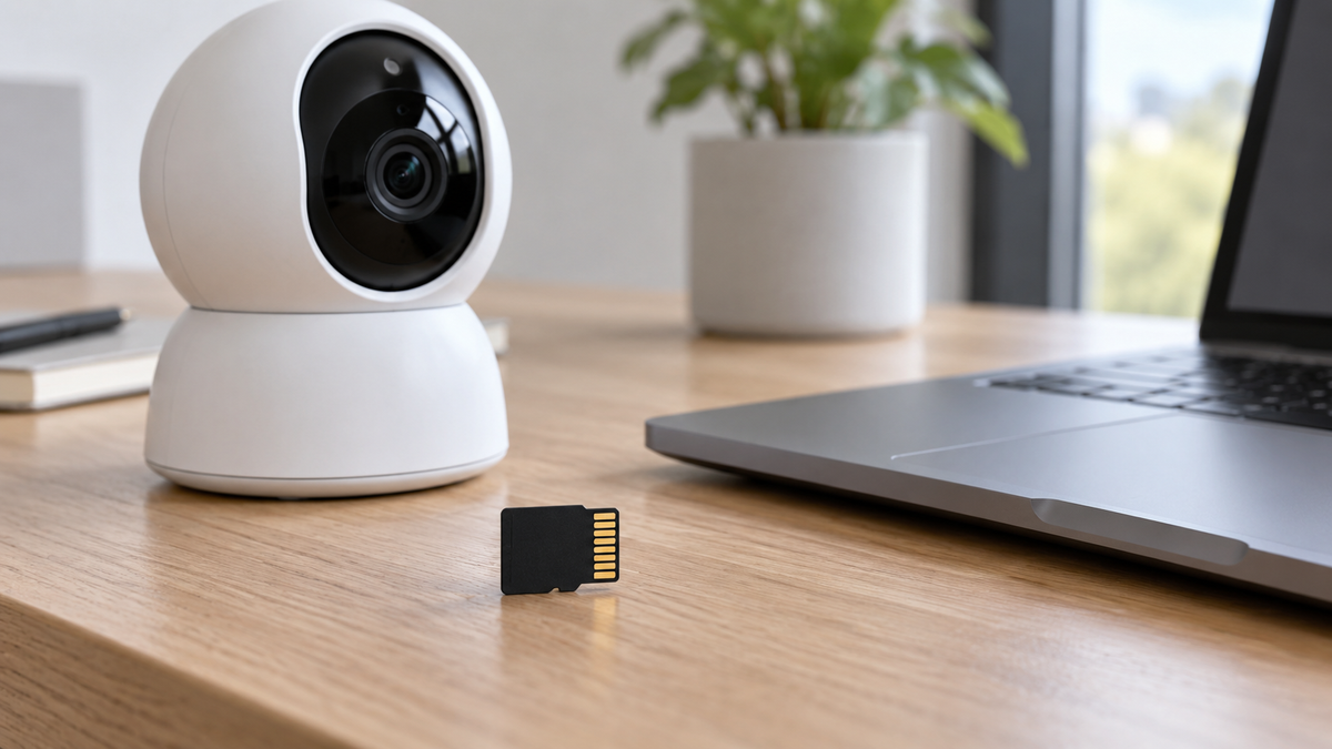 Unbranded micro SD card beside a security camera and laptop