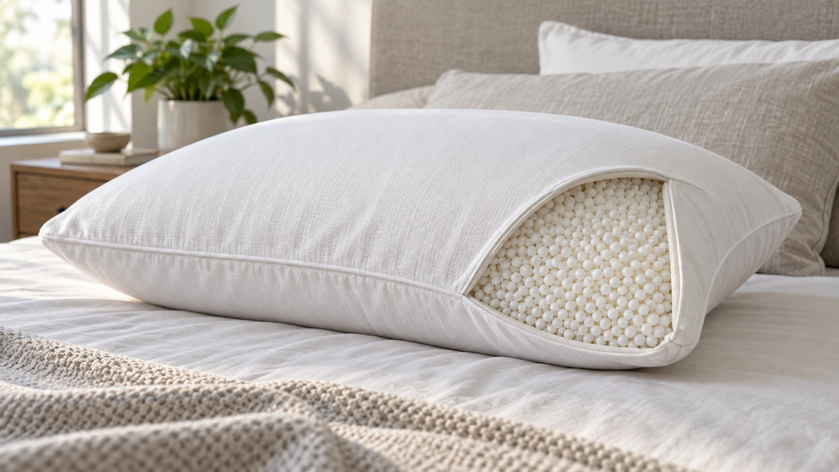 Unbranded microbead bed pillow with a cutaway-style view of tiny neutral filling beads