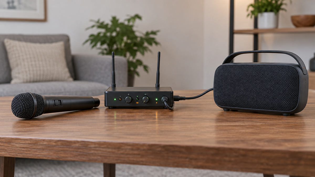 Wireless microphone connected through a receiver to a portable speaker