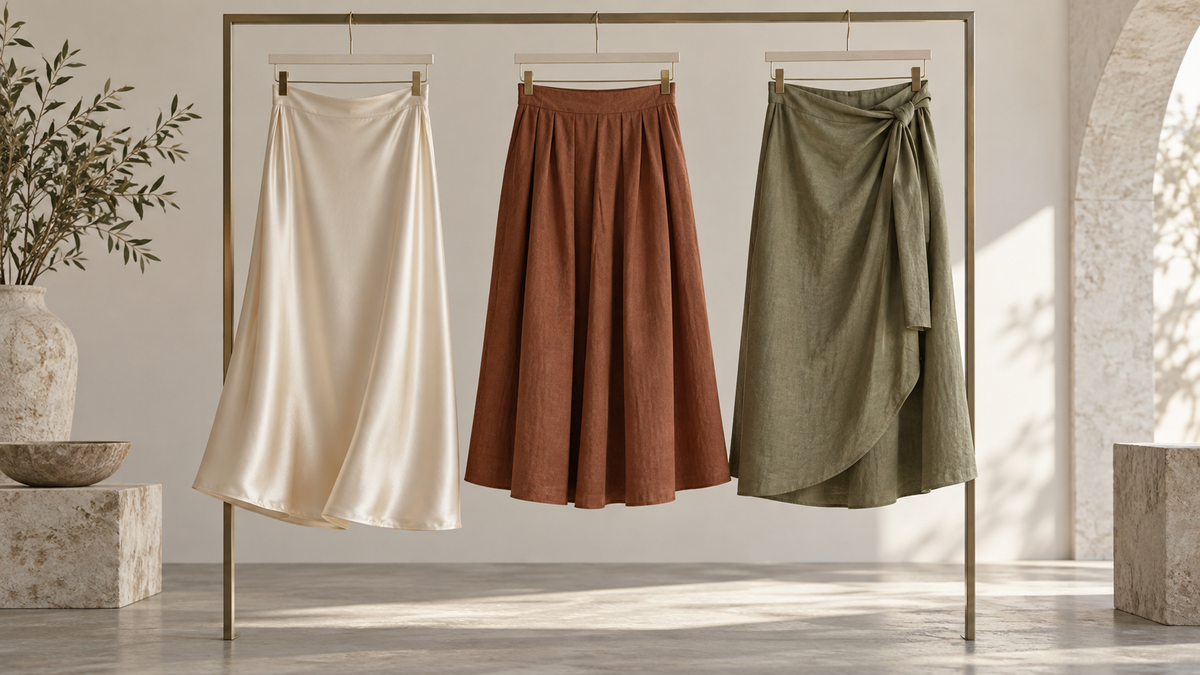 Three unbranded midi skirts showing varied fabrics and silhouettes