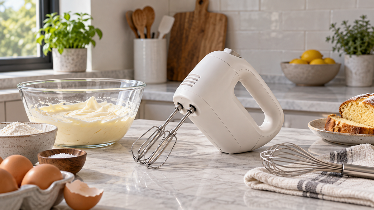 Compact unbranded mini hand mixer with whisk attachments on a kitchen counter