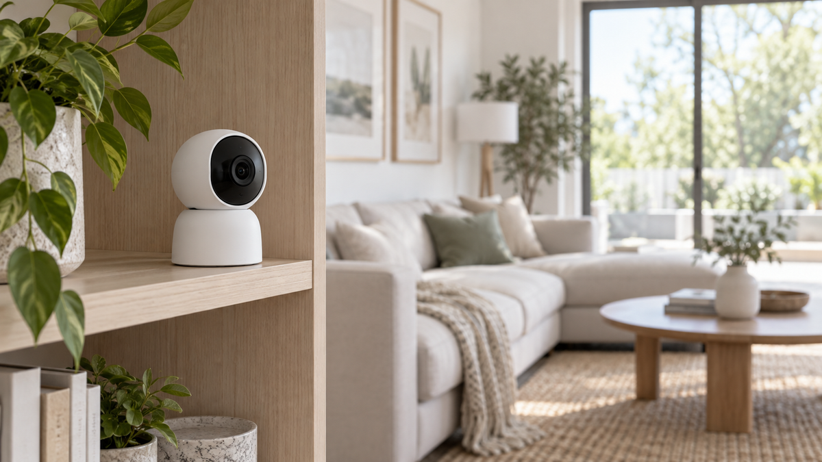 Visible unbranded compact home security camera on a shelf in a bright living room