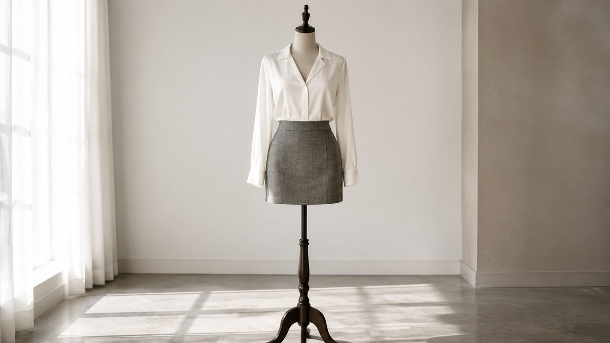 Mini skirt and blouse displayed on a dress form in a bright studio
