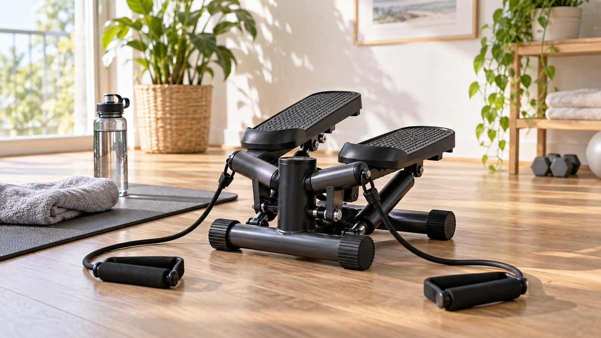 Compact unbranded mini stepper in a bright home workout space