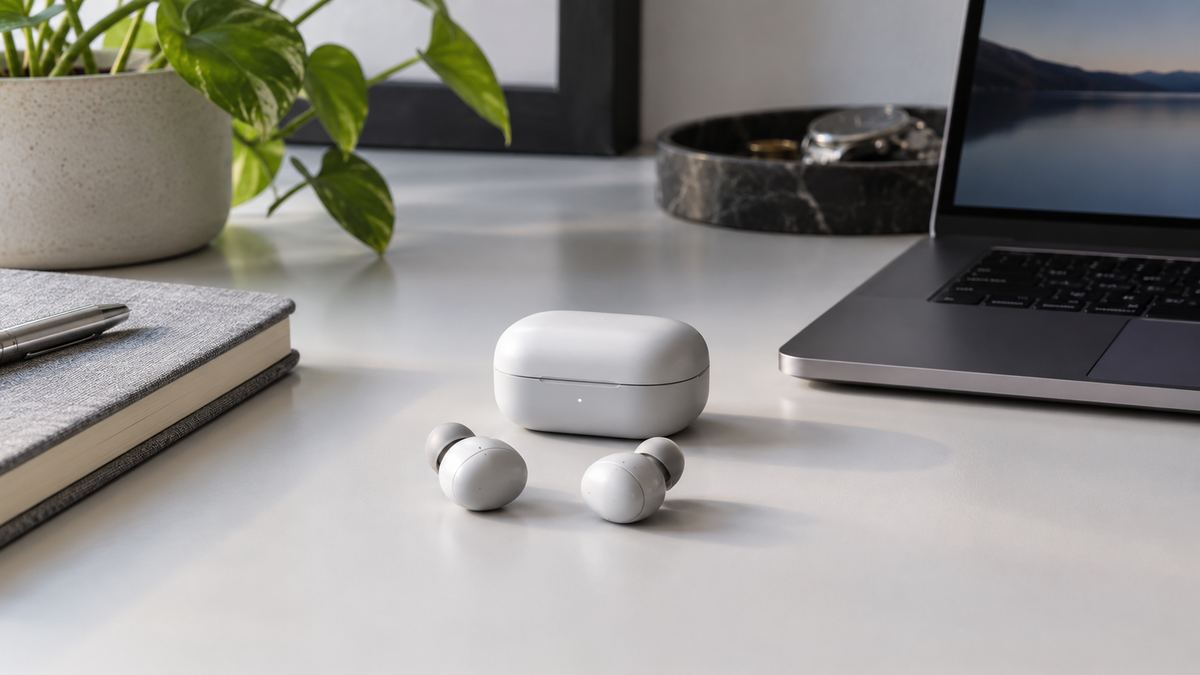 Mini wireless earbuds with a compact charging case on a modern desk